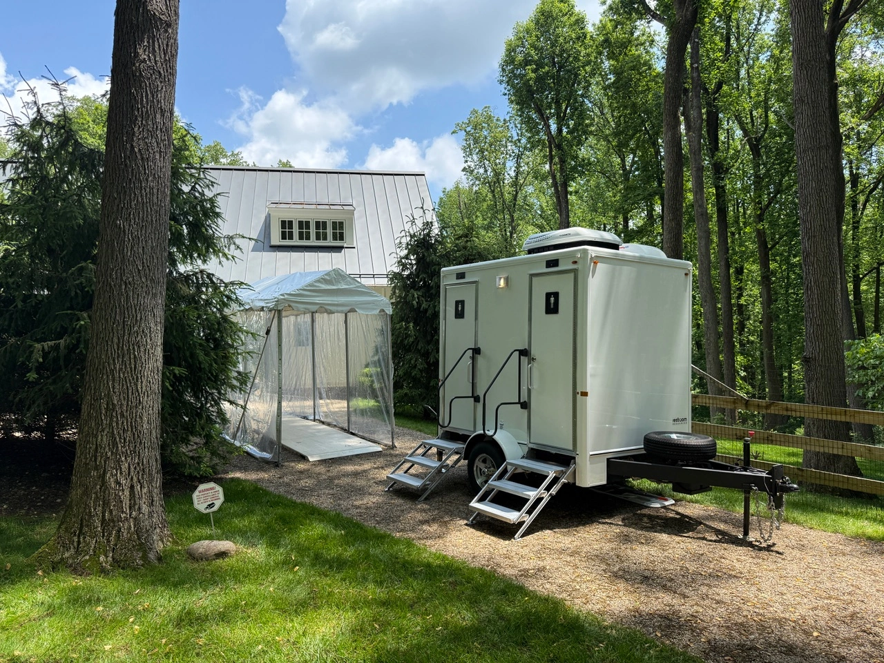 Restroom trailer for an outdoor event.