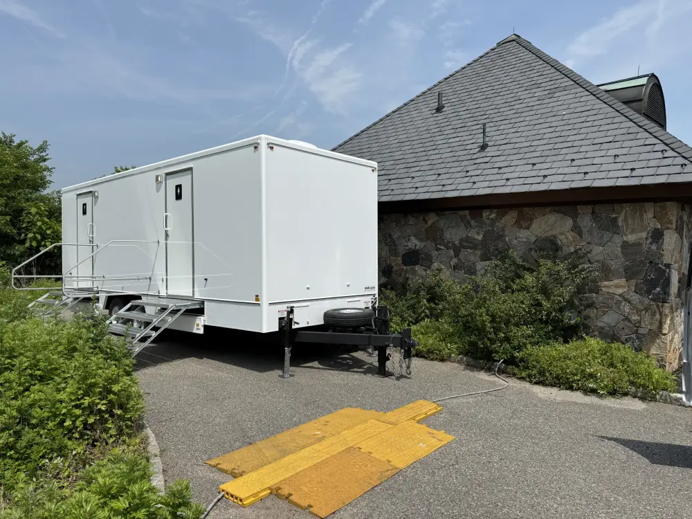 Luxury portable restroom trailer for elegant events in NJ.