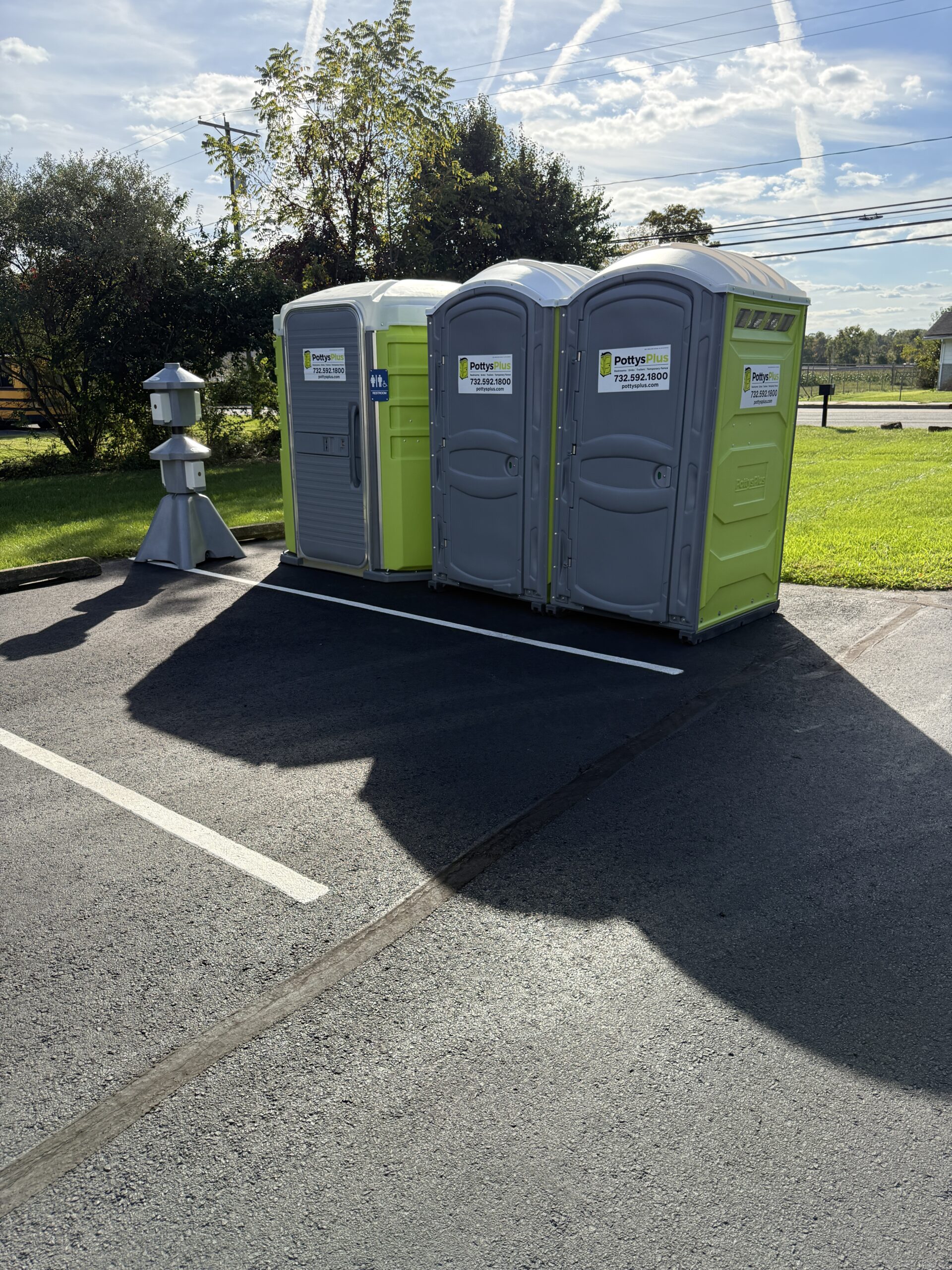 VIP flushable portable restroom placed discreetly at a private estate renovation in Essex Fells NJ