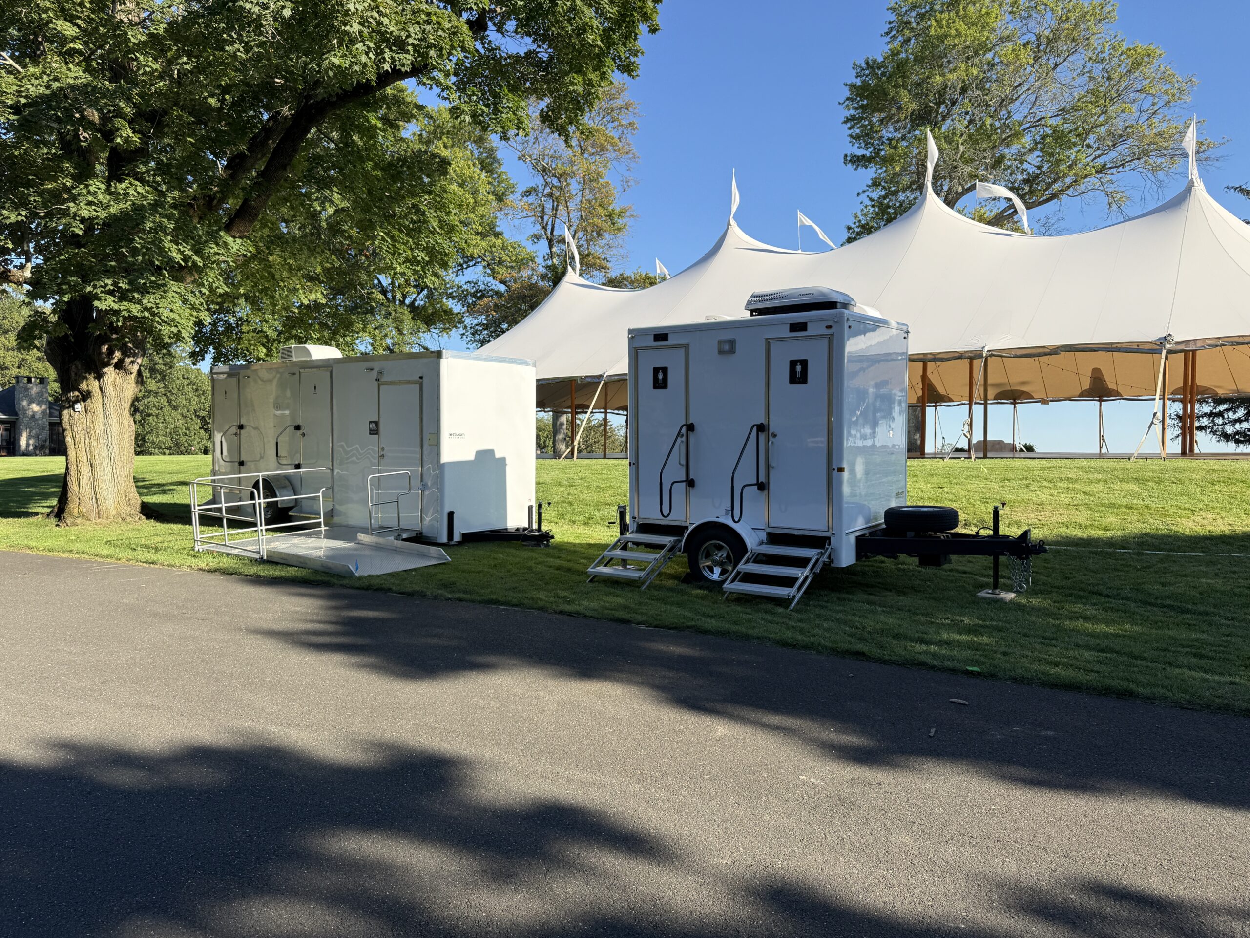 Two-stall luxury restroom trailer rental in New Jersey