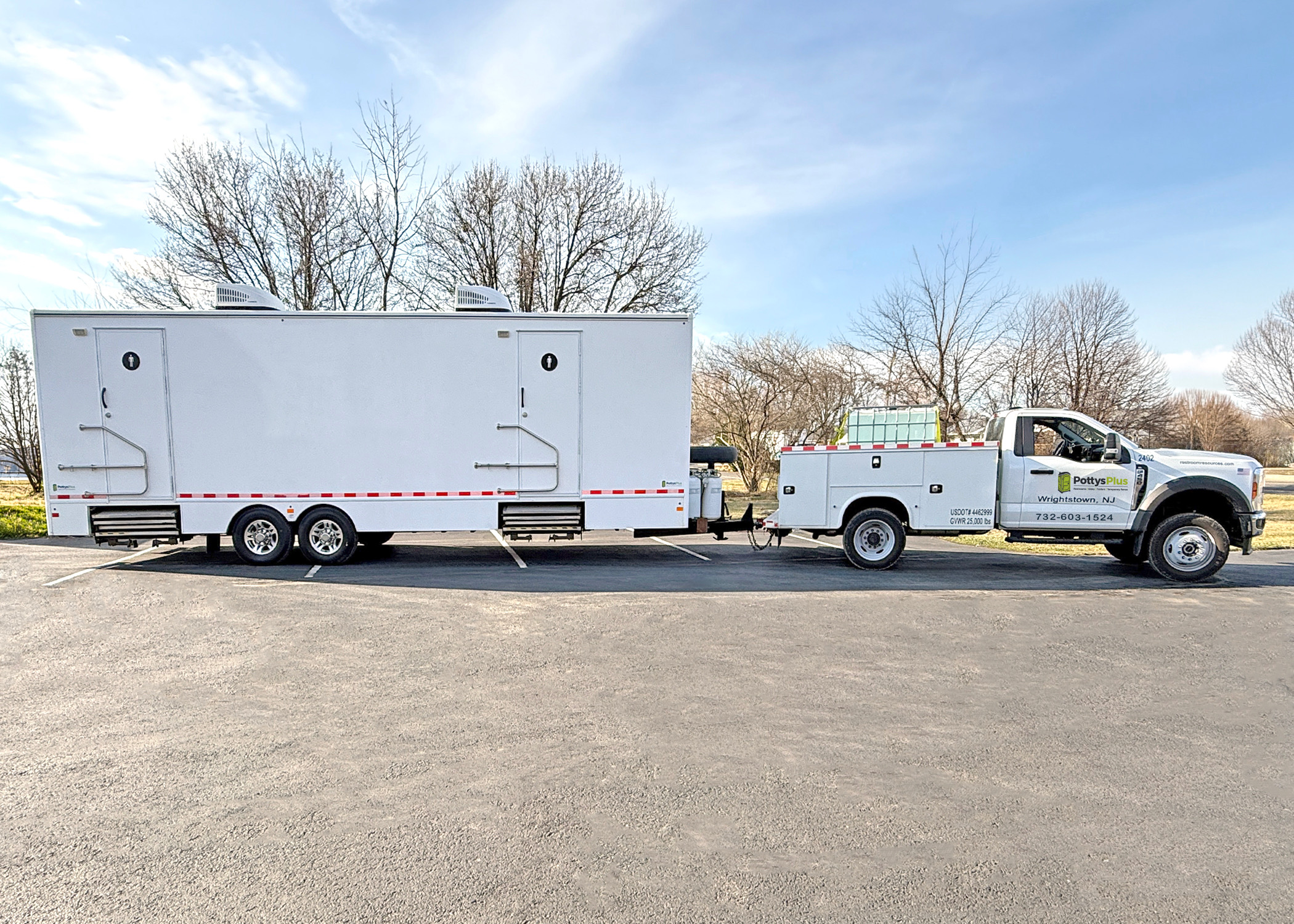 Pottys Plus shower trailer exterior with truck